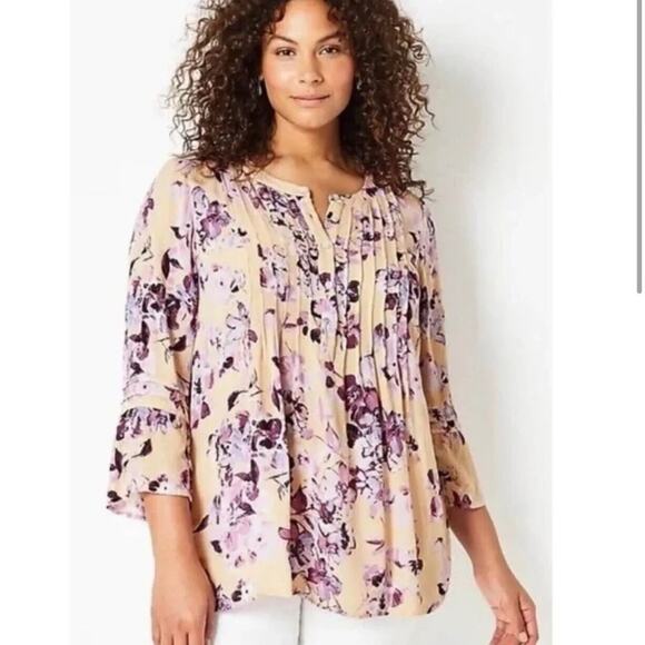 J. Jill Purple and Cream Blouse with V-Neck and Bell Sleeves - Picture 2 of 7